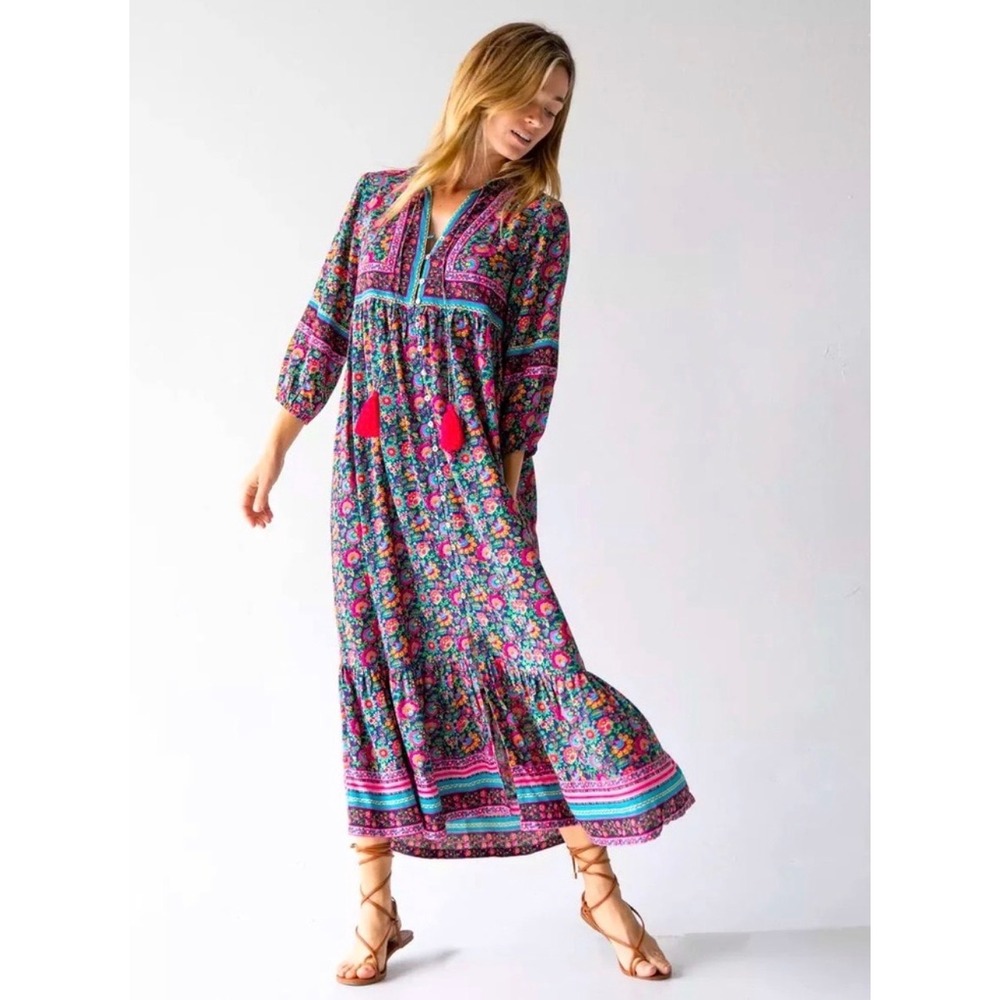 Natural Life Nova Maxi Dress Jaipur Flora Boho Tiered Floral Tassel Tie Medium